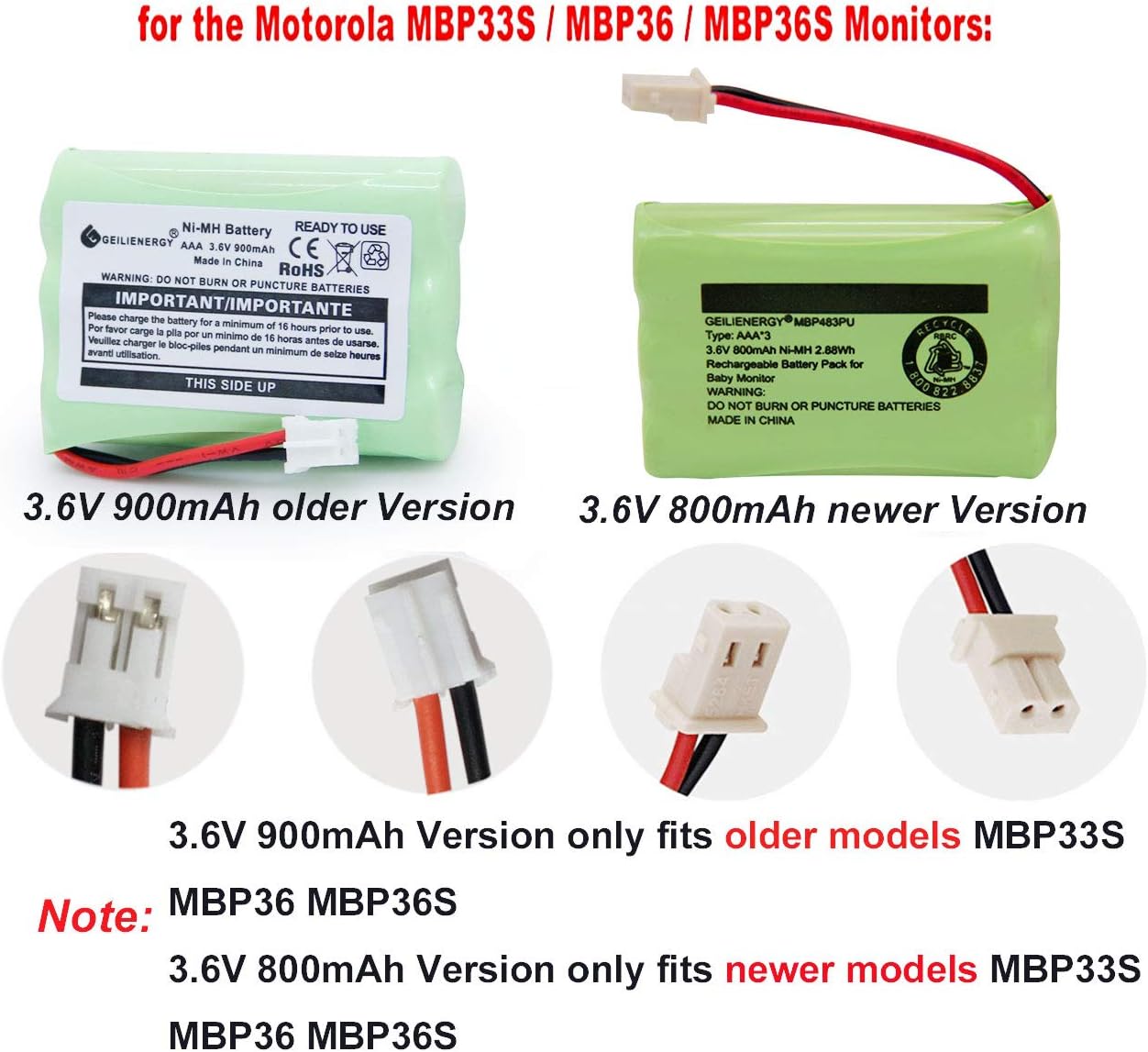 GEILIENERGY 3.6V Battery Compatible with Motorola Baby Monitor MBP33XL,Also Compatiblre with BT188645/BT288645(2 Pack)