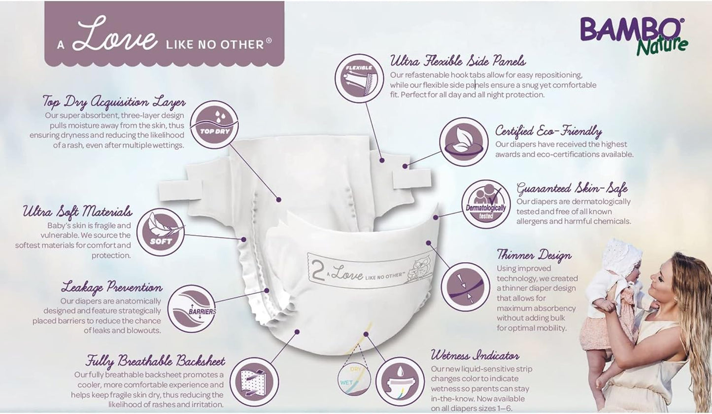 Bambo Nature Hypoallergenic Dream Baby Diapers, Premium Eco-Labeled Sustainable Diapers, Enhanced Leakage Protection, Totally Chlorine-free, Skin Friendly, and Super Absorbent - Size 1 (108 Count)