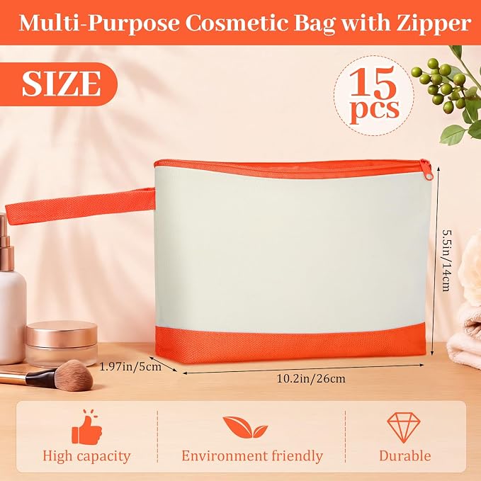 Silkfly 15 Pcs Cotton Canvas Makeup Bags Cosmetic Zipper Bags 10.2 x 5.5 x 2''