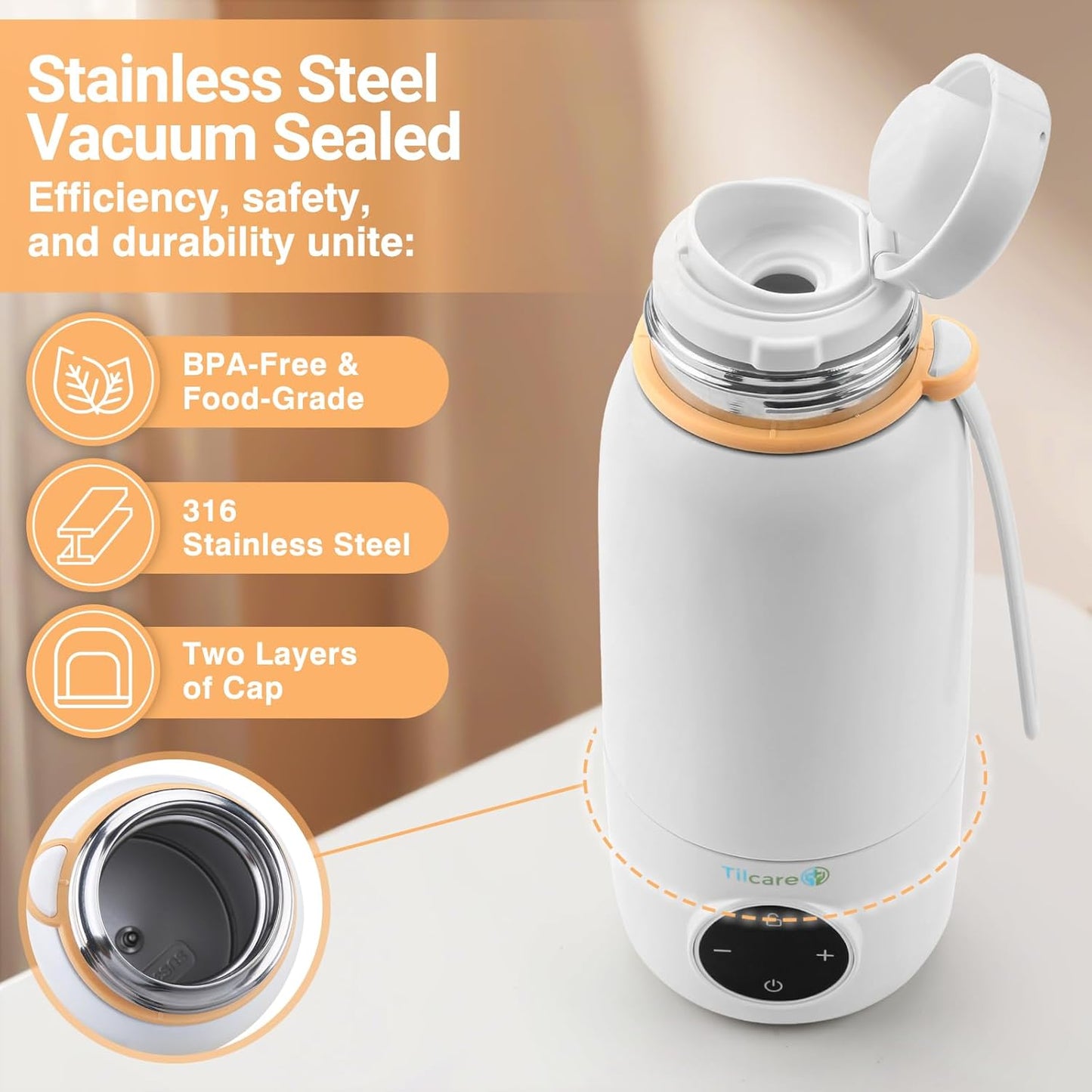 Portable Bottle Warmer for Travel - Fast Heat Travel Bottle Warmer for Breastmilk, USB Calentador De Biberones on The Go17oz 12H Baby Bottle Milk Warmer - Wireless Car Bottle Water Warmer, Orange
