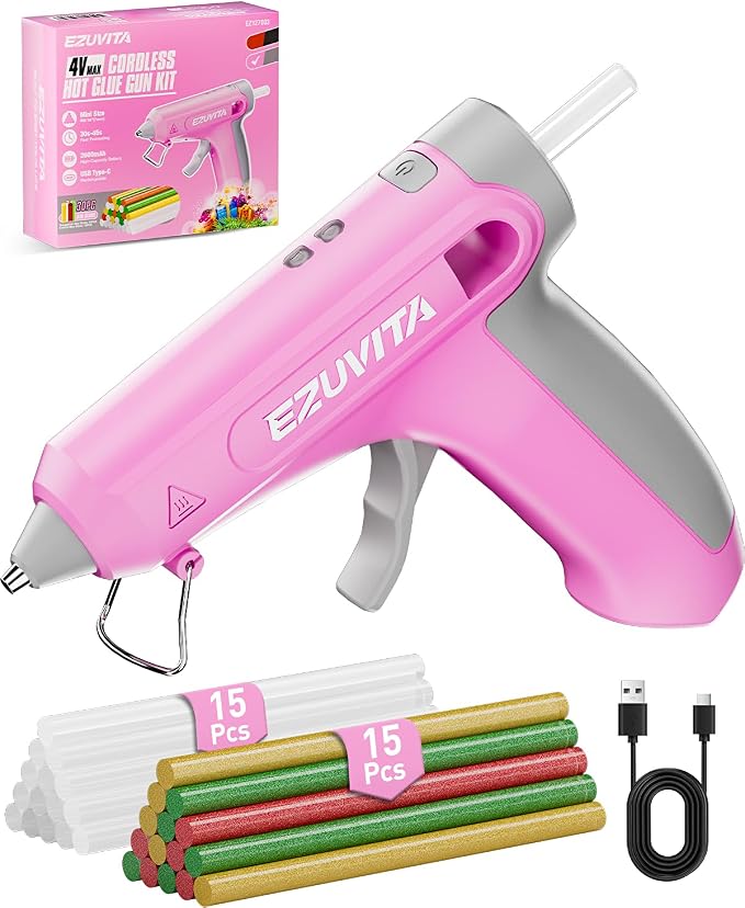 4V Pink Cordless Hot Glue Gun Kit, 30-Piece Glue Sticks | 2600mAh Built-In