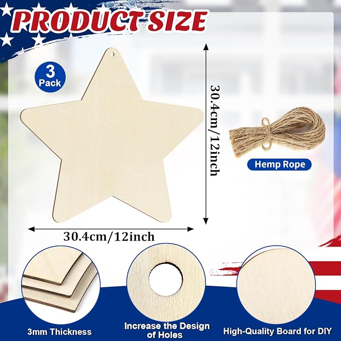 Large Size 12" Wooden Star Ornaments to Paint, Wooden DIY Blank Unfinished 4th