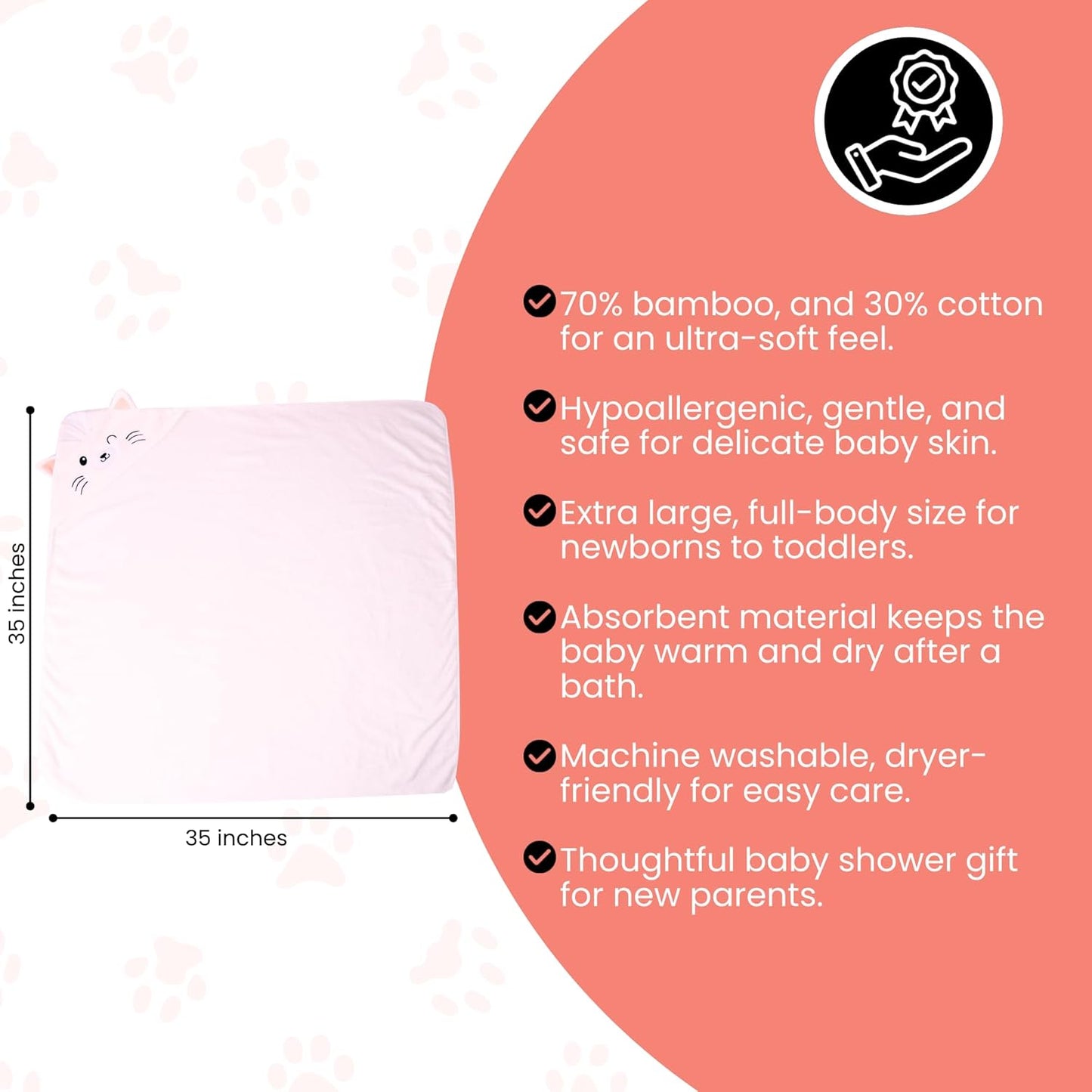 Premium Hooded Towel - 500GSM Viscose derived from Bamboo Cotton Baby Towels- Ultra Soft & Absorbent, Extra Large 35” x 35”, Hypoallergenic, Machine Washable Toddler Towel - Cat