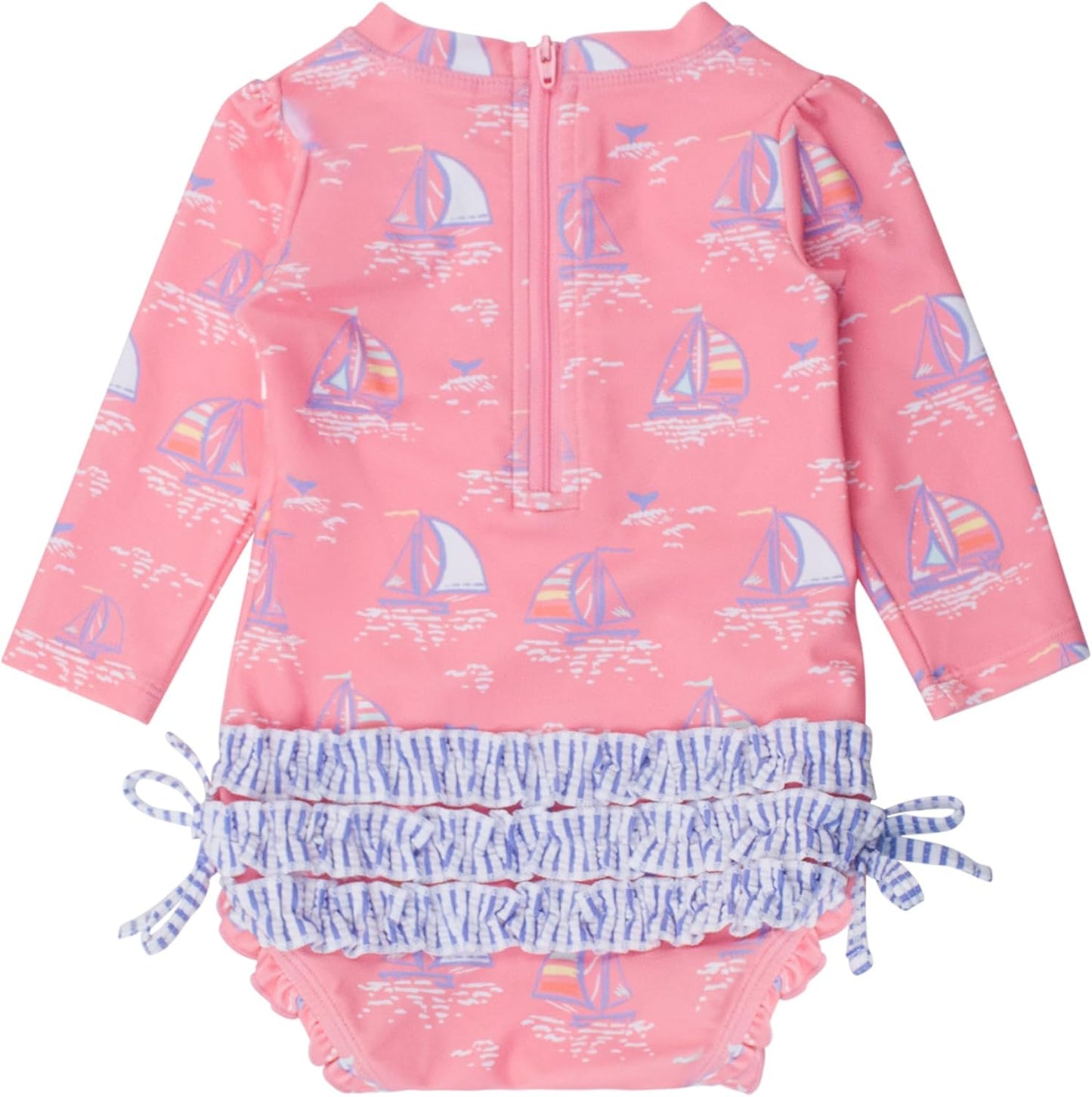 RuffleButts Baby Girls UPF 50+ Sun Protection Novelty Print Long Sleeve One Piece Rash Guard Swimsuit with Zipper