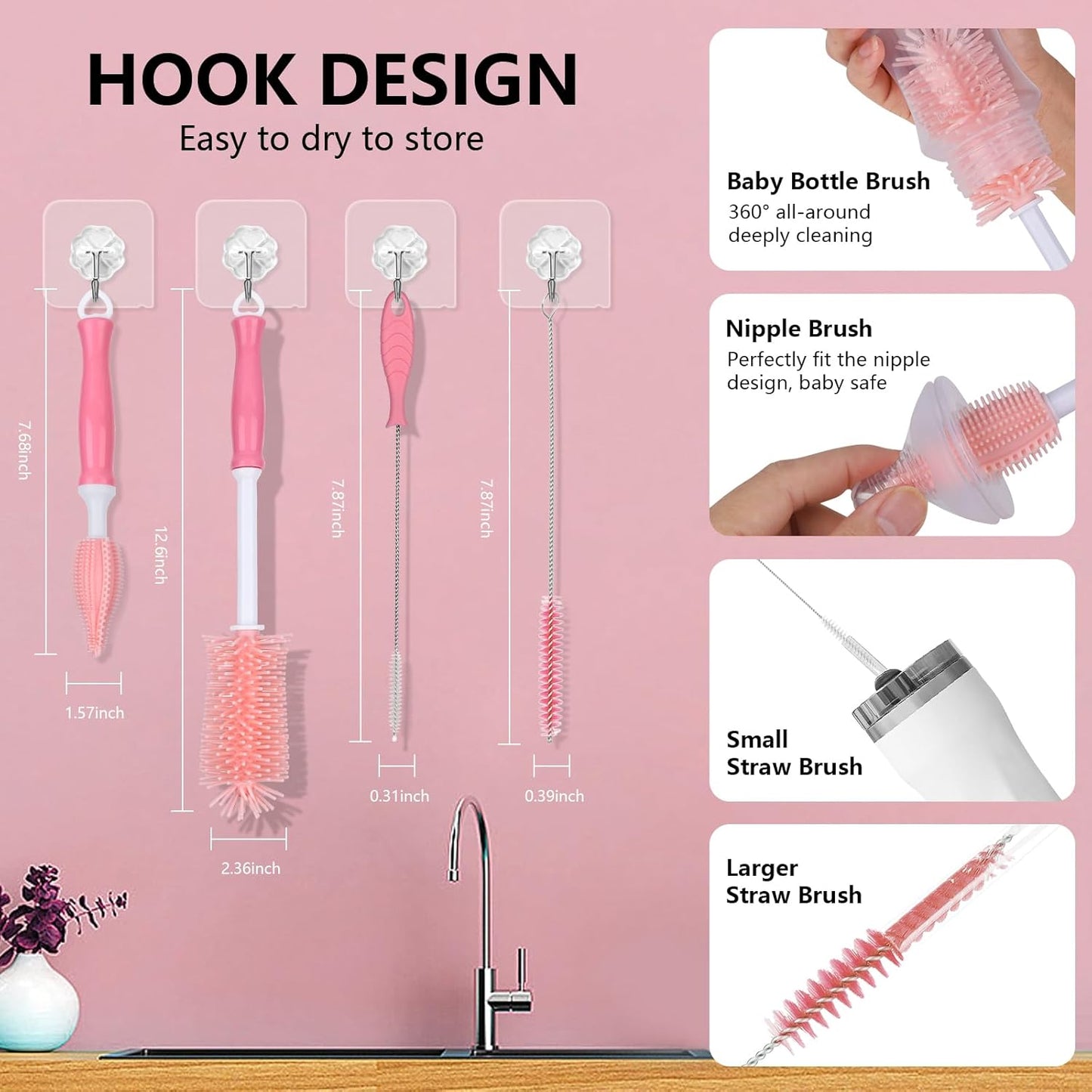 Portable Bottle Brush Set - Baby Bottle Cleaner Kit with Silicone Brush, Nipple Brush, Straw Brush, Bottle Cleaning Long Handle Water Bottle CleanerTool