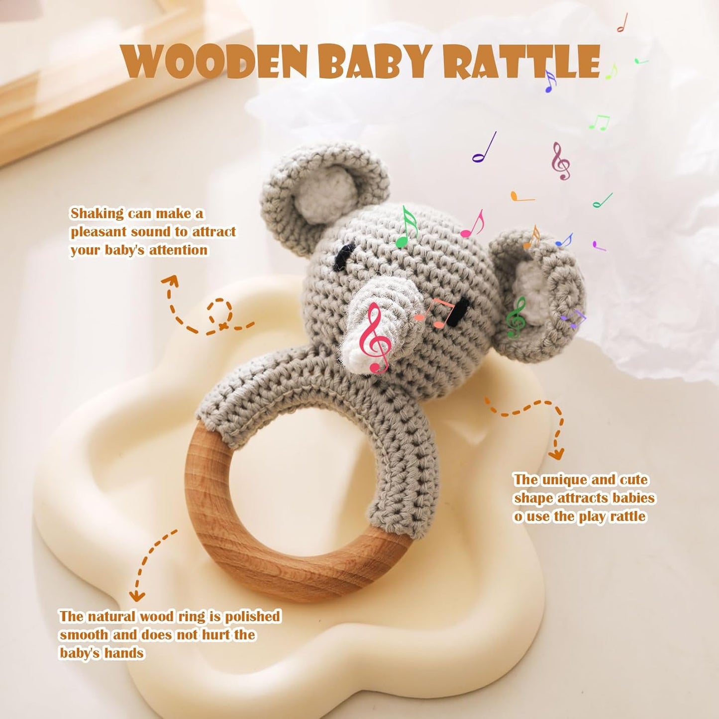Wooden Baby Rattle，Crochet Elephant Rattle with Wood Ring, Newborn Wooden Animal Rattle Toy，Infant Elephant Wood Rattle Toys