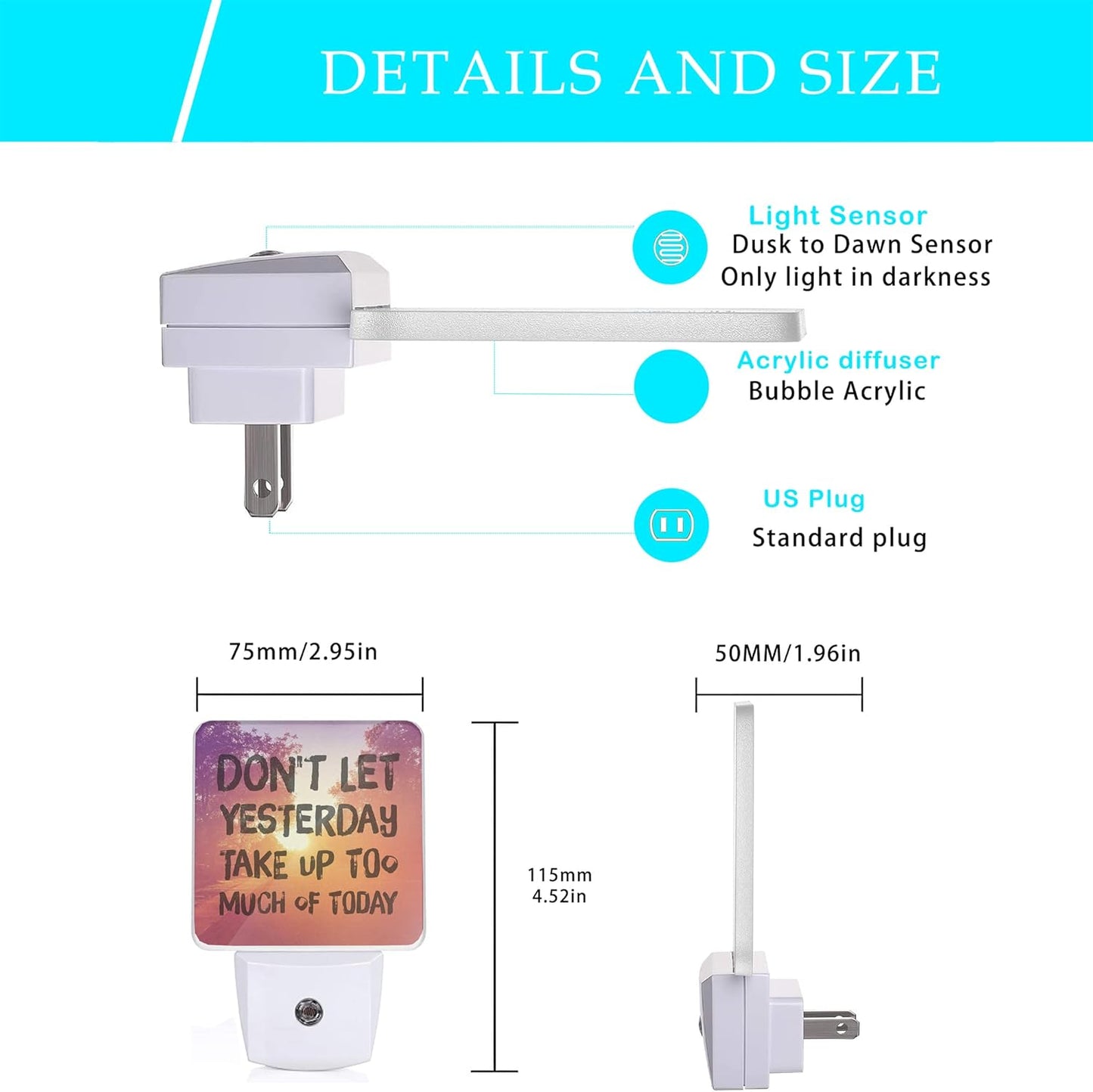 Inspirational Quote Night Light,Don't Let Yesterday Take Up Too Much of Today Night Lights Plug into Wall for Boys Girls Gifts, Dusk to Dawn Sensor Nightlight 0.5W Sleep Friendly