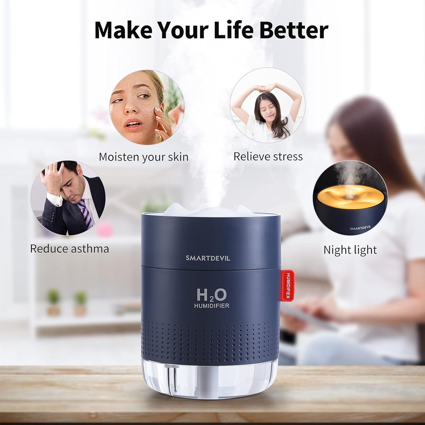 SmartDevil Small Humidifiers, 500ml Desk Humidifiers, Whisper-Quiet Operation, Night Light Function, Two Spray Modes, Auto Shut-Off for Bedroom, Babies Room, Office, Home (Dark Blue)