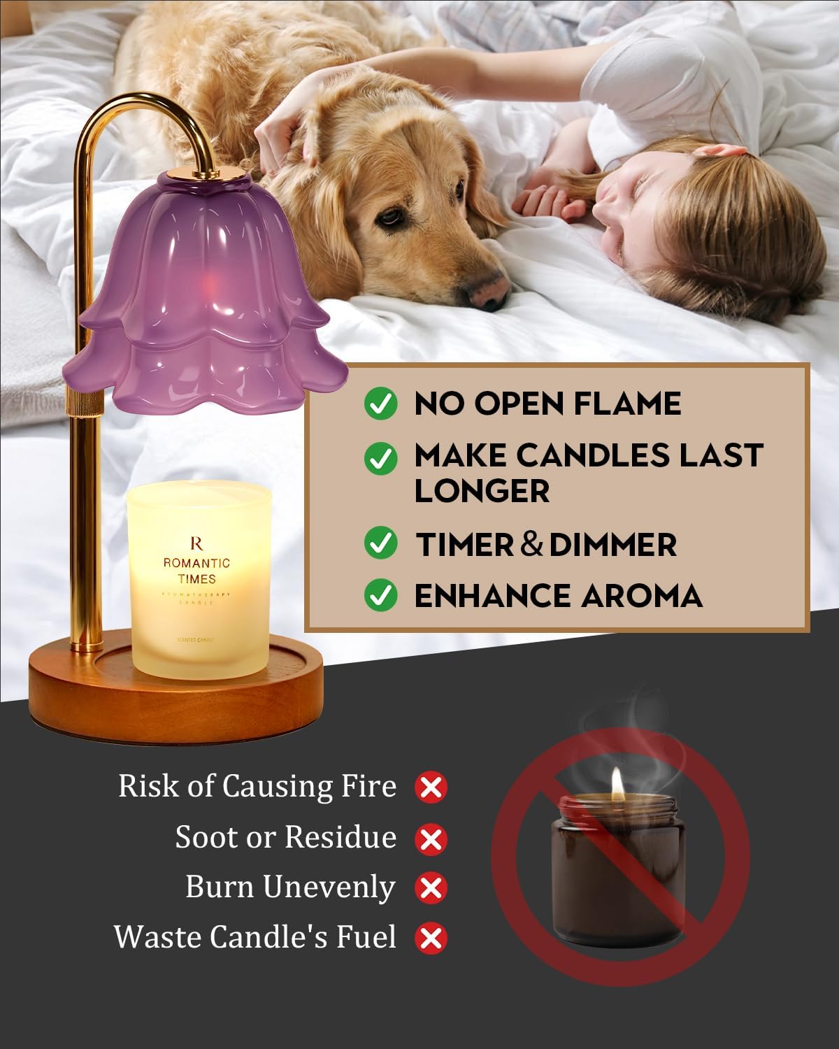 Purple Candle Warmer Lamp with Timer & Dimmer, Adjustable Height Birthday Gifts for Women Mom, Flower Candle Lamp Warmer, Wax Warmer with 2 Bulbs, House Warming New House Decorations