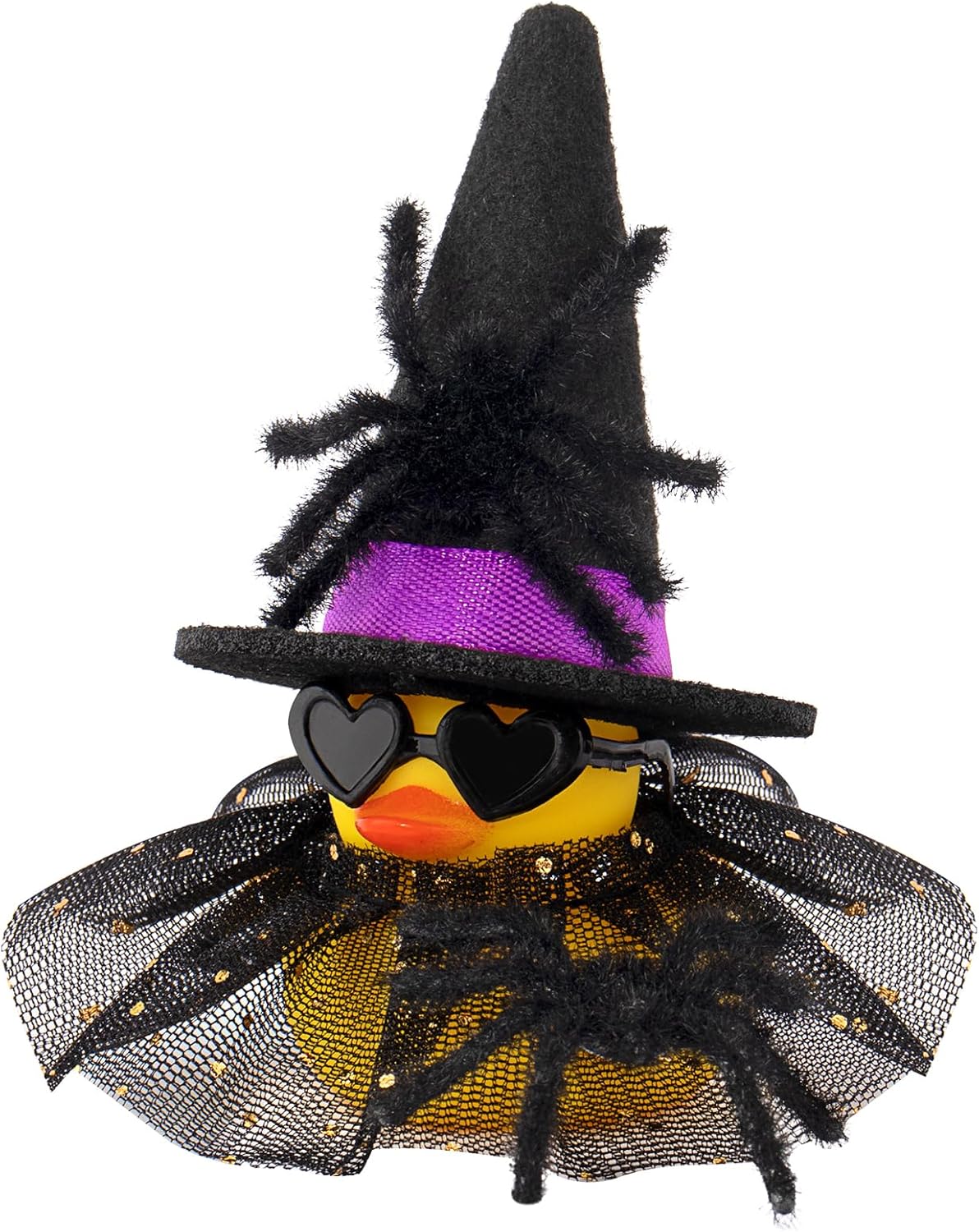 wonuu Car Dashboard Spider Witch Rubber Ducks for Halloween, Decorations Duck for Office Desk Ornament Accessories with Hat Glasses Skirt, for Halloween Party Gifts (Gold Point Skirt Purple)