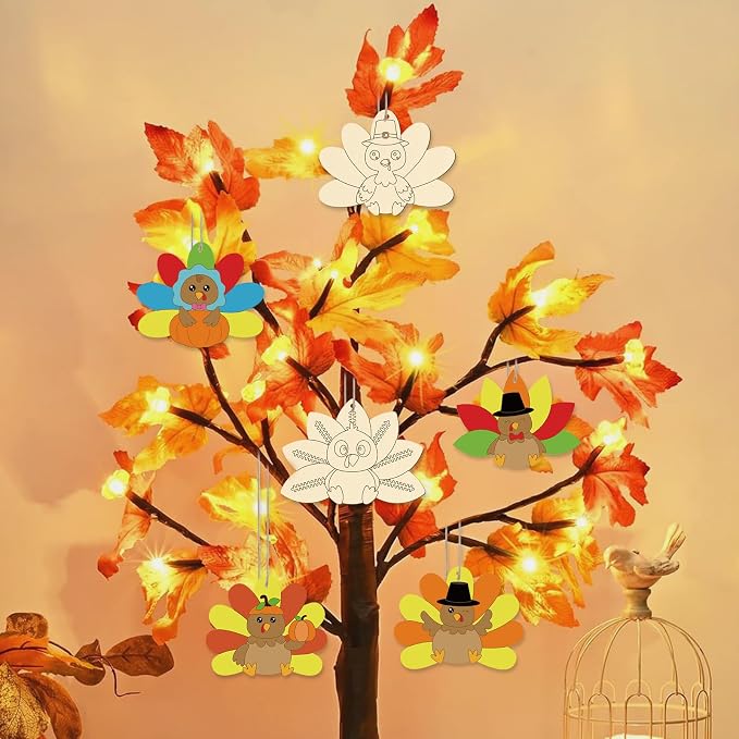 24 PCS Unfinished Wooden Thanksgiving Crafts, Turkey Shaped Hanging Ornaments