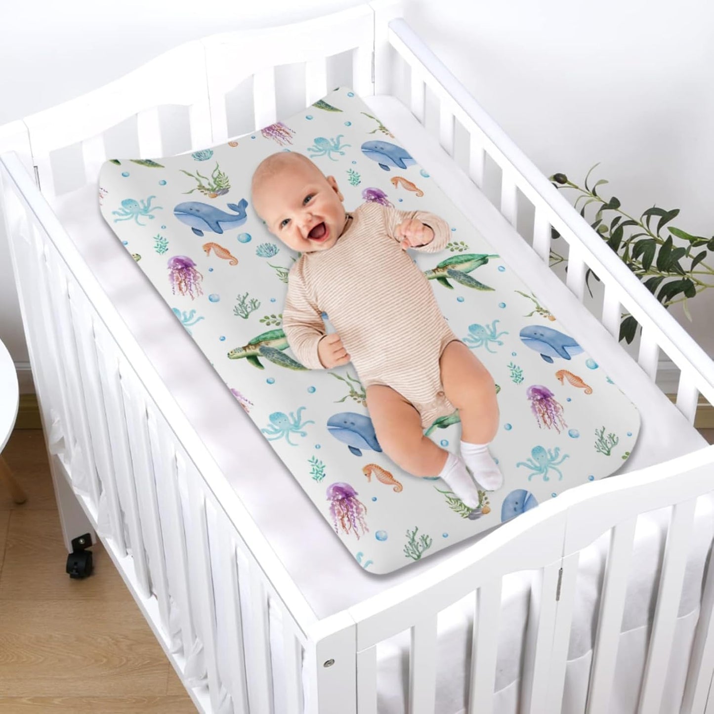 Colorful Sea Animals Changing Pad Cover Turtle Whale Jellyfish Sea Horse Weeds Sealife Diaper Change Table Sheets for Boys Girls Soft Stretch Changing Pad Mats Covers 32''x16''