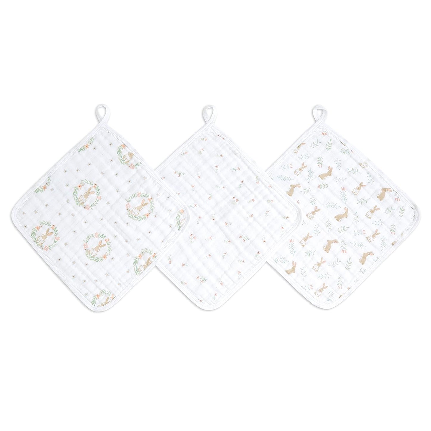 aden + anais Essentials Washcloth 3-Pack, Super Soft 100% Cotton Muslin, Gentle on Skin, 3 Absorbent 11x11 Layers, Softer with Every Use, Perfect for Babies, Infants, Toddlers, Blushing Bunnies