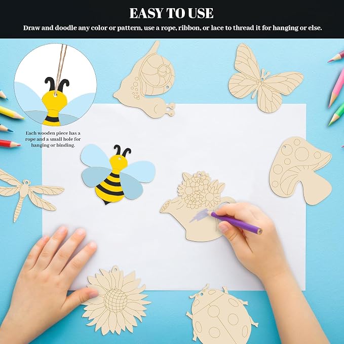 Subacy 80 PCS Unfinished Wood Cutouts 8 Styles DIY Wooden Spring Ornaments
