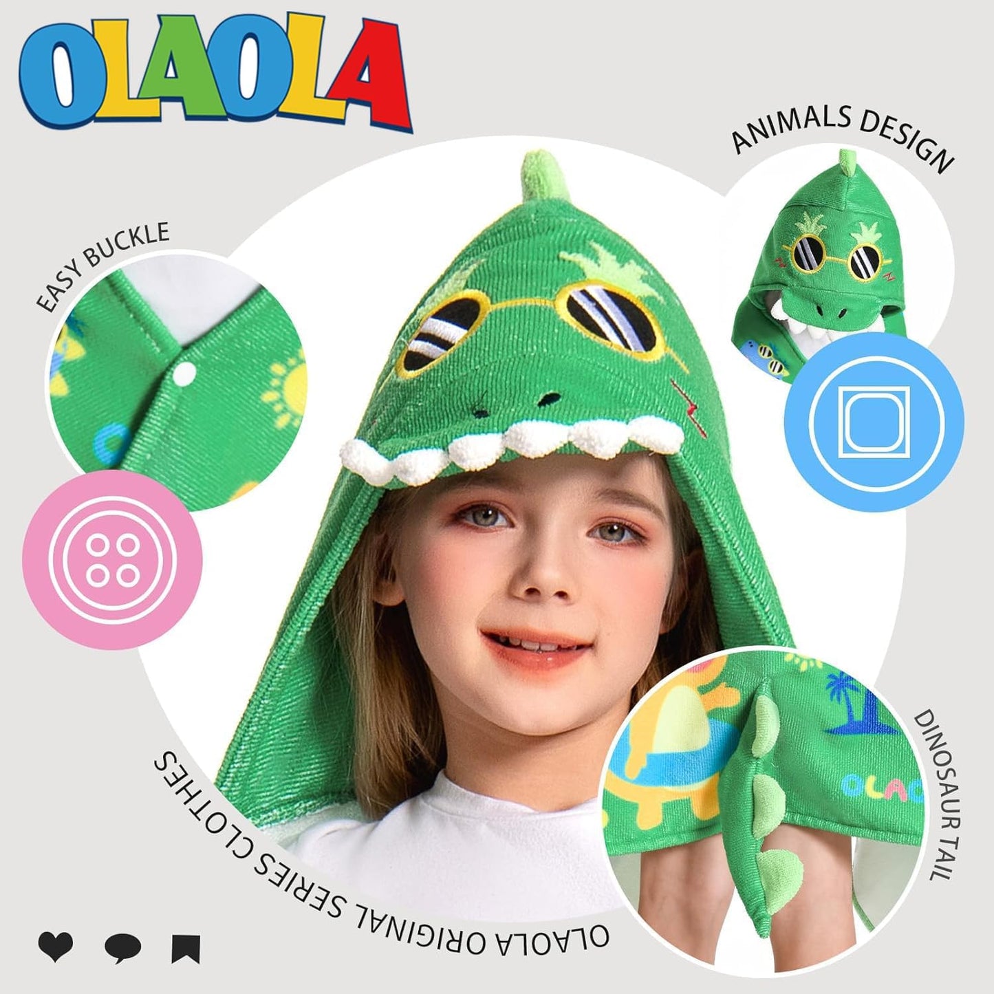 OLAOLA Dinosaur Beach Hooded Towel for Kids 3-12 Years, Soft Thick Absorbent Beach Towels, Toddler Bath Towel Wrap 28" x 53", Swim Pool Towels Poncho for Boys Girls