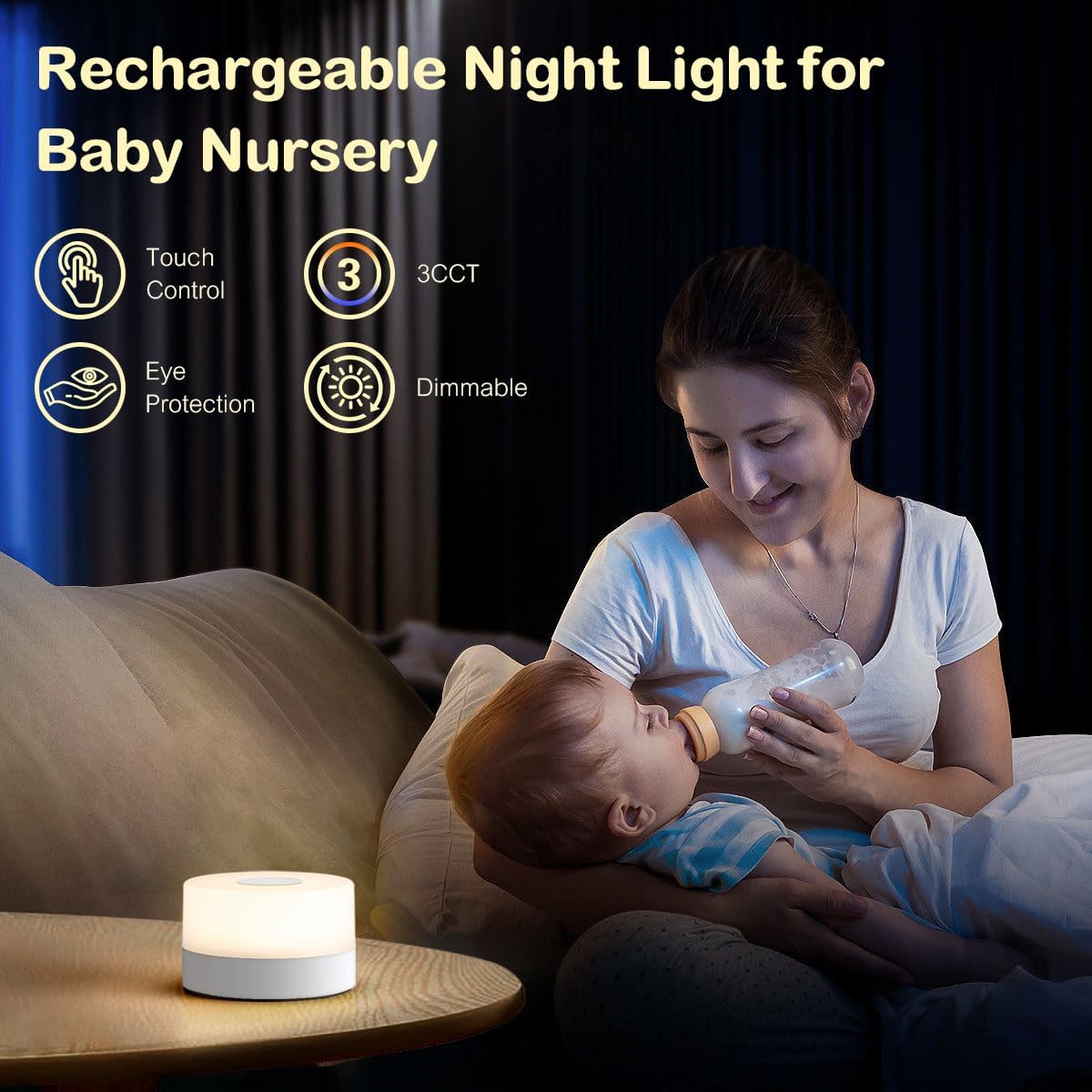 JUSHENG Baby Night Lights for Nursery, 3 Color Temperature Selectable & Dimmable, Rechargeable LED Bedside Lamps Touch Light for Nightstand, Breastfeeding, Nighttime Diaper Changes, White