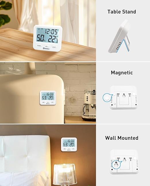 Wisebee Digital Indoor Hygrometer Thermometer, 2.9" Backlit Temperature Humidity Sensor Monitor for Baby Rooms, Home, Office, 1 Pack (White)