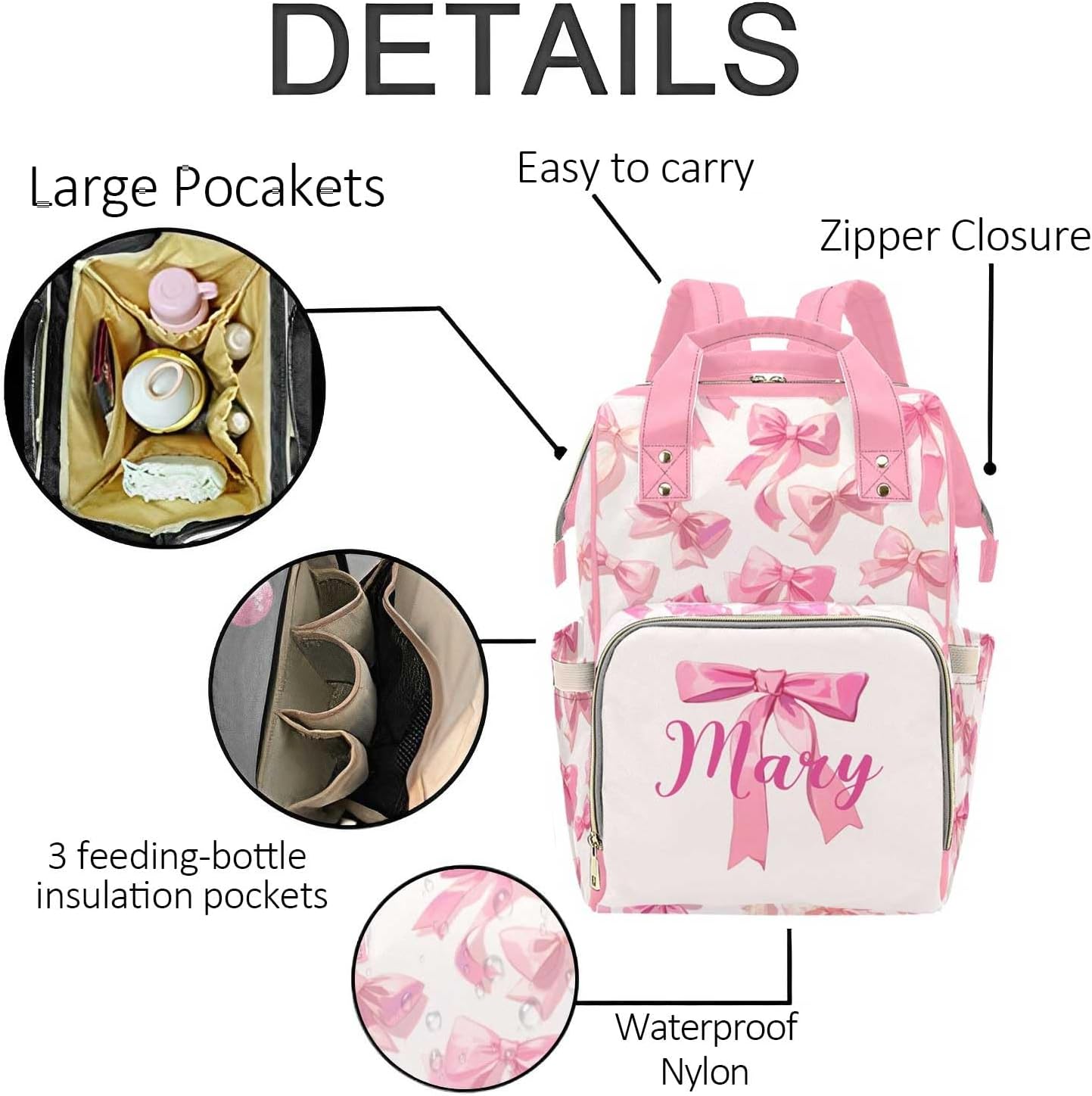 Custom Diaper Bag Backpack for Women, Personalized Name Nursing Mommy Daypack, Pink Bow Diaper Bag for Baby Girls, New Mom Gifts