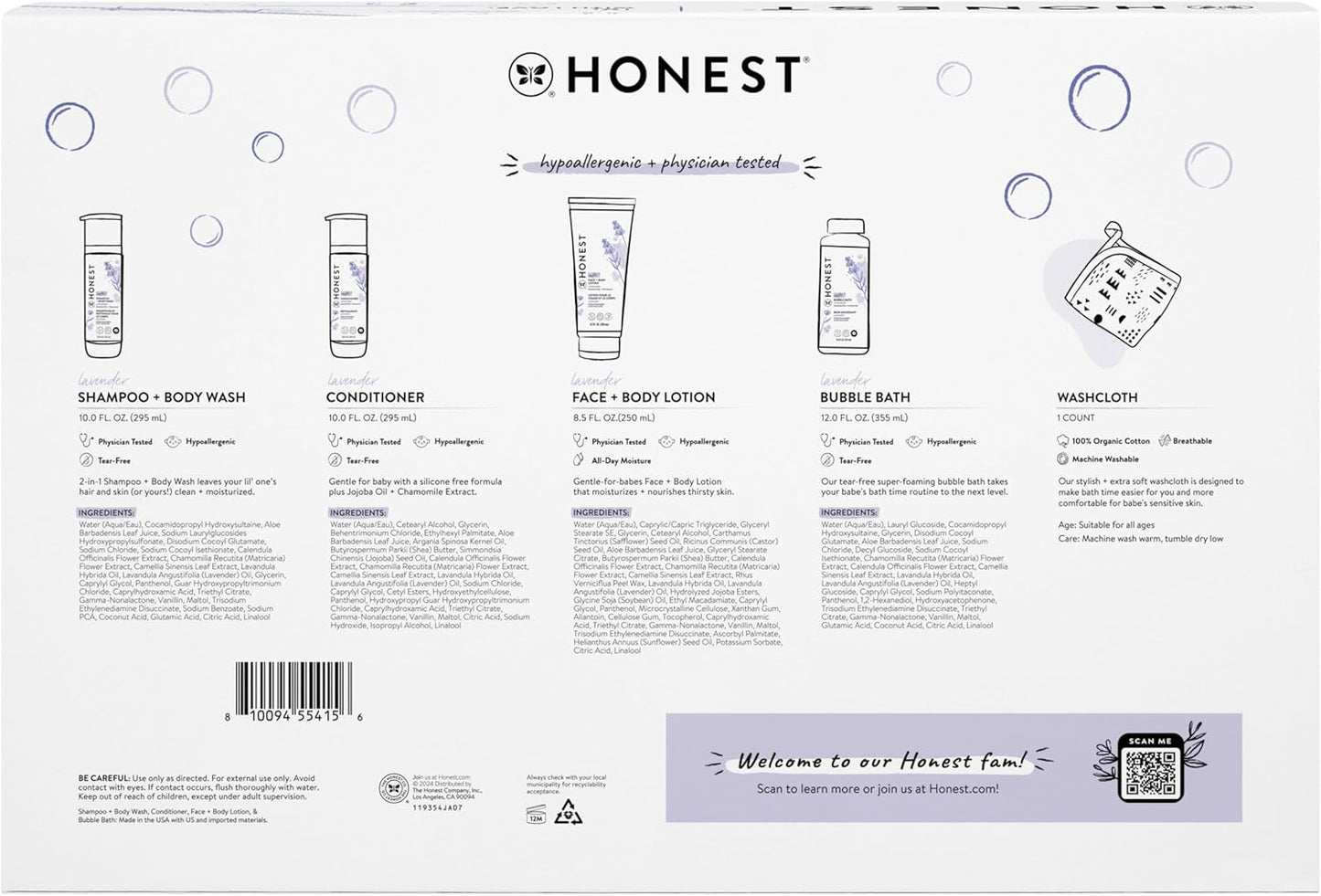 The Honest Company Calming Lavender Bathtime Gift Set Hypoallergenic Bath Essentials for Sensitive Baby Skin Shampoo and Body Wash Face and Body Lotion Bubble Bath Conditioner Wash Cloth