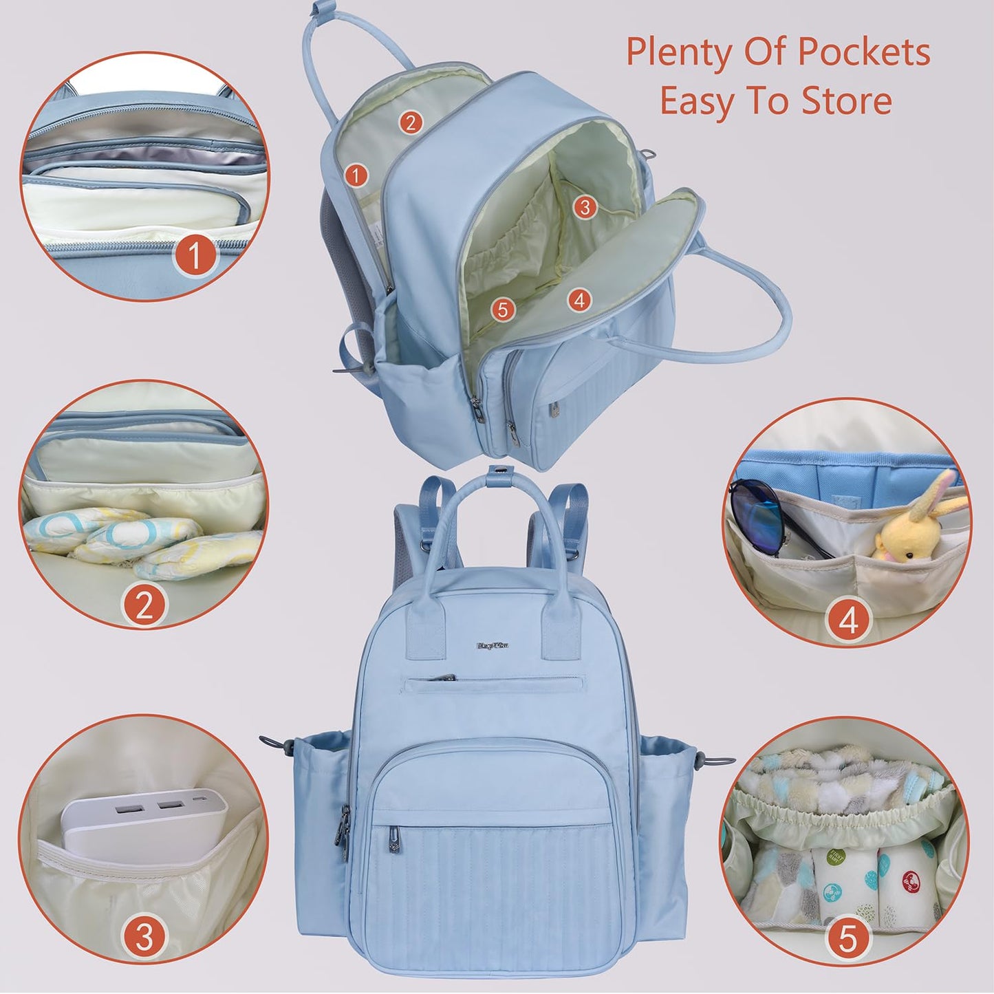 Hap Tim Diaper Bag Backpack, Large Capacity Baby Bag Backpack with Changing Pad,19 Pockets, 2 Stroller Clips, Baby Registry Search, Blue (2252-MLDL)