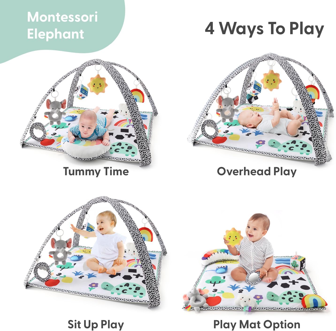 The Peanutshell Unisex Baby Play Gym & 7-in-1 Play Mat - Playmat Baby Toys 0-6, 6-12 Months Tummy Time Mat with Hanging Toys, Soft Padded for Newborns, Infants - Montessori Elephant