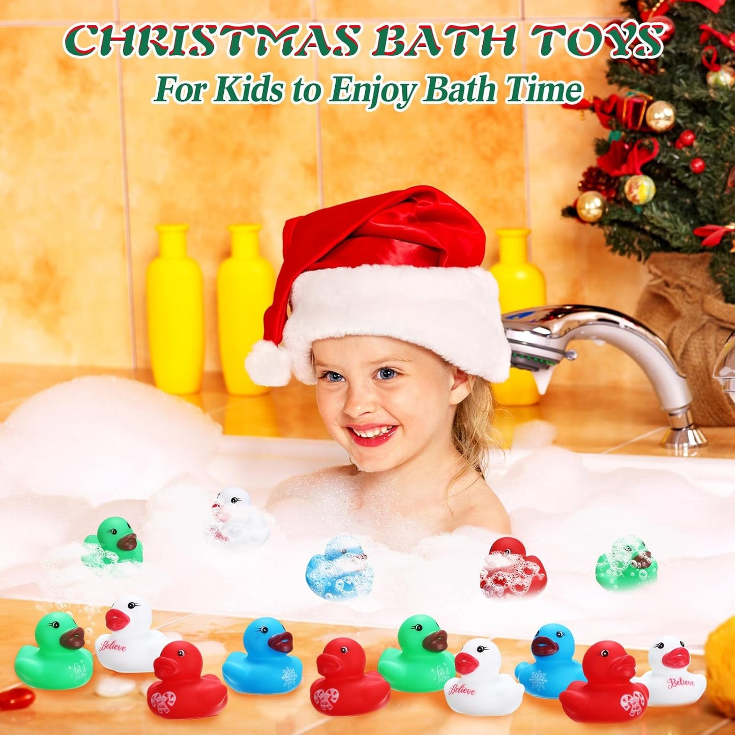 120 Pcs Christmas Rubber Ducks Assorted Rubber Duckies Bulk Mini Pool Bath Duck Small Tiny Rubber Ducky Bath Toy Ducks for Party Favors Classroom Exchange Gifts