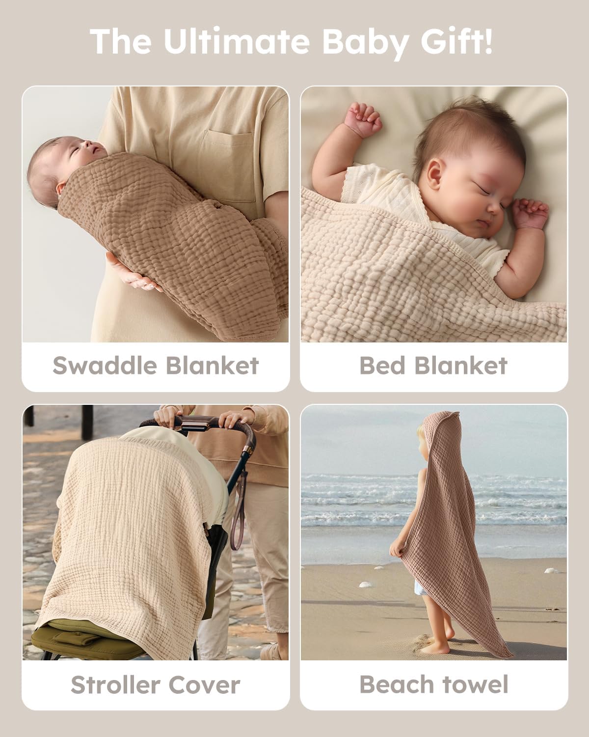 Yoofoss Hooded Baby Towels for Newborn 2 Pack 100% Muslin Organic Cotton Baby Bath Towel with Hood for Babies, Infant, Toddler and Kids, 37.5“x37.5“, Soft and Absorbent Newborn Essential, Beige&Coffee