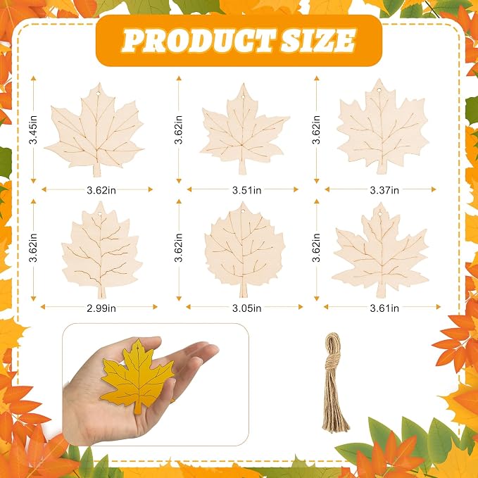 24 PCS Unfinished Wooden Fall Crafts, Maple Leaves Shaped Hanging Ornaments DIY