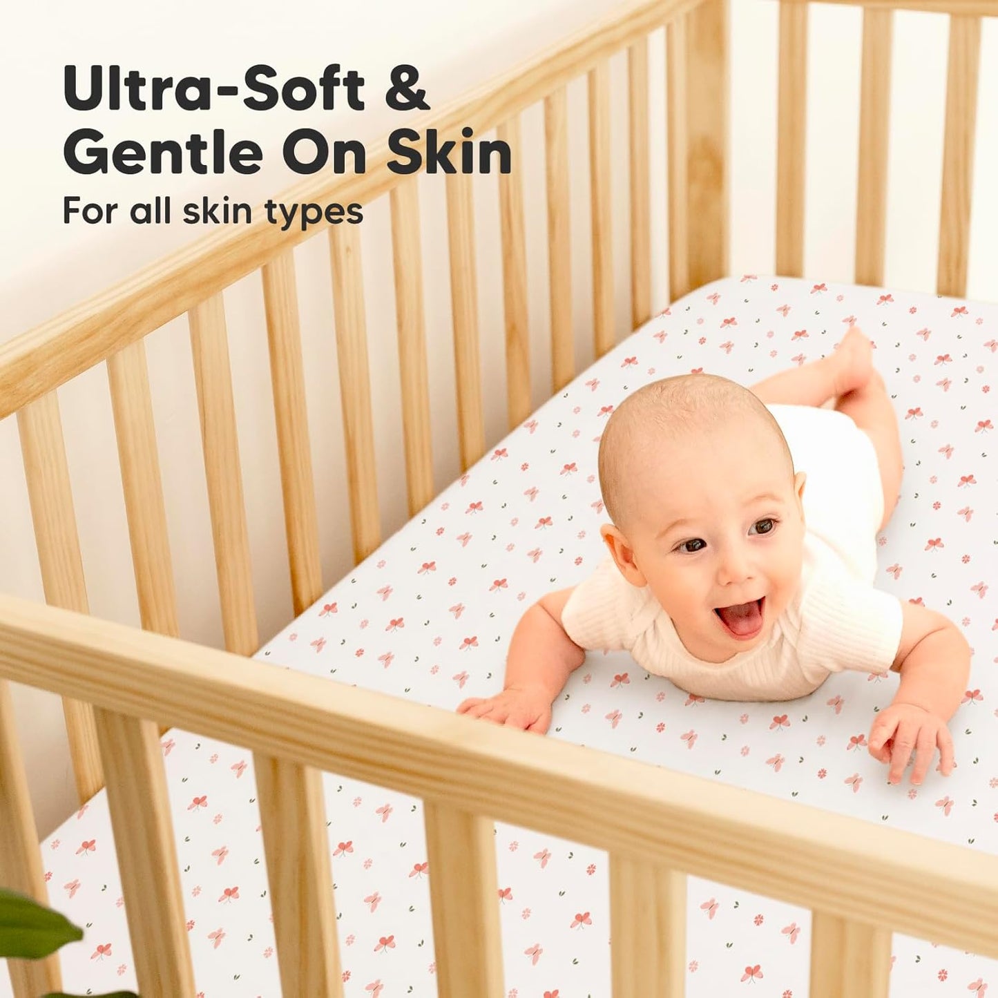 2-Pack Waterproof Baby Crib Sheets for Boys, Girls - 52x28 Viscose Derived from Bamboo Toddler Bed Sheet Neutral, Fitted Crib Mattress Protector Cover for Baby Bedding, Soft & Gentle (Butterflies)