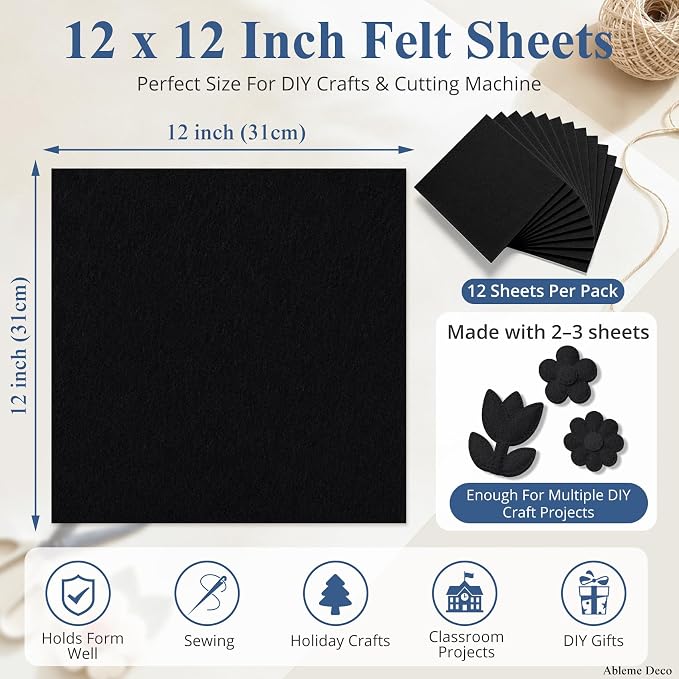 12" x 12" Felt Sheets for Crafts, 2mm Stiff Felt Fabric, Polyester Felt Squares