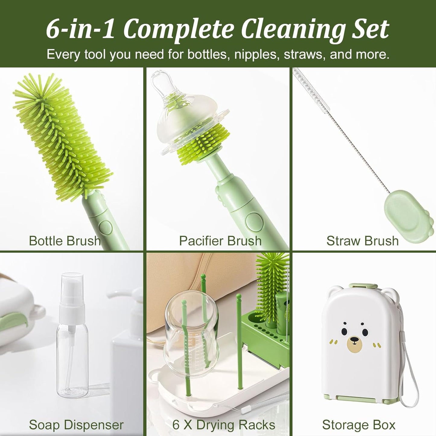 Travel Baby Bottle Cleaner Kit with Storage Case – 6-in-1 Compact Bottle Brush Set for Infant Feeding, Breast Pump Parts & On-The-Go Washing – Baby Travel Essentials for Flying (Green)