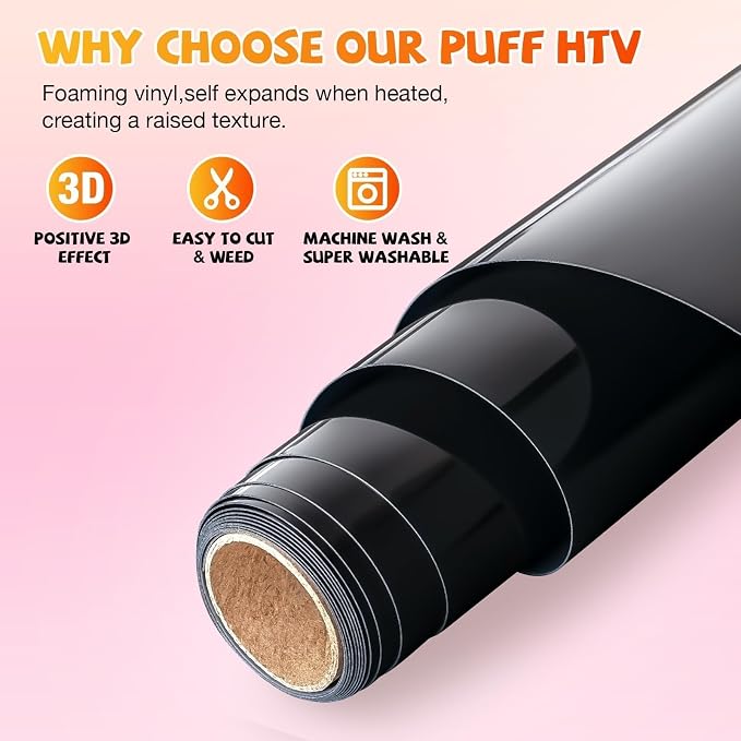 VinylRus Black Puff Vinyl Heat Transfer -12” x 6ft Puffy 3D Iron on Vinyl