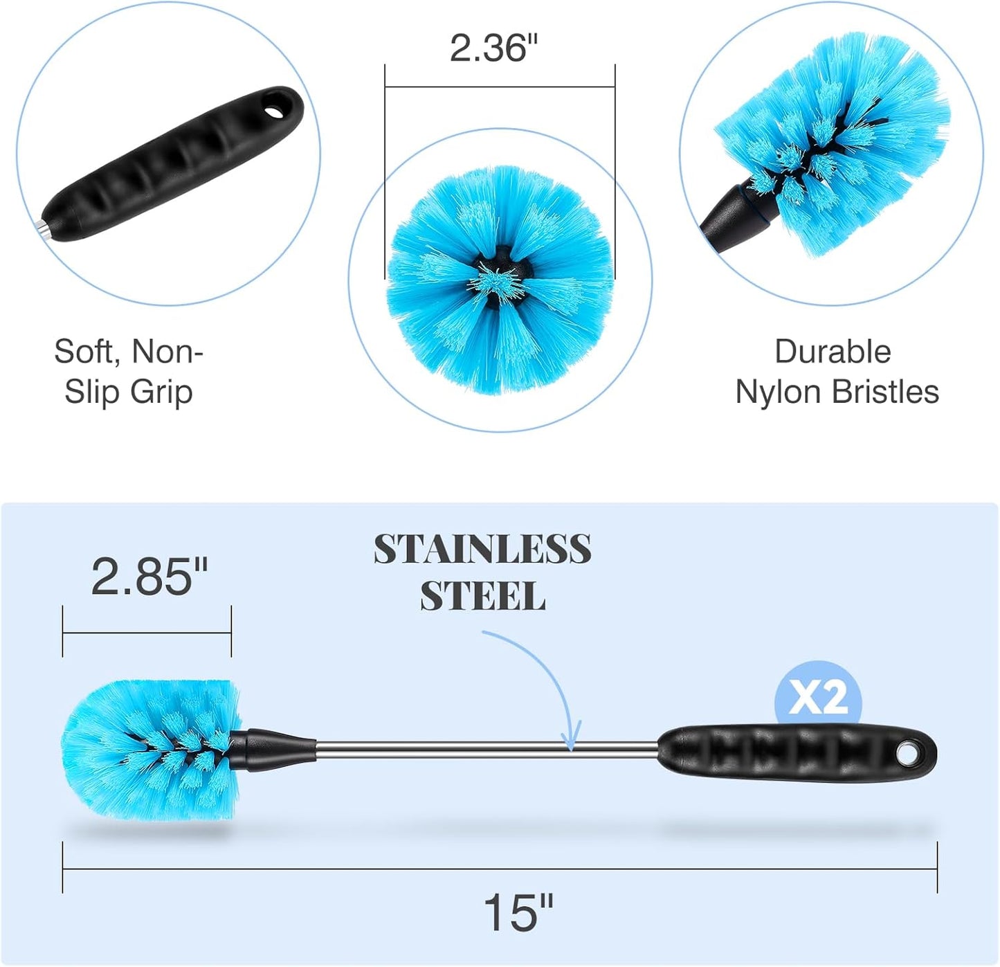3-in-1 Stainless Steel Cleaning Brush Set, Long Handle for Narrow Neck Bottles, Sport Bottles, Coffee Mugs, Tumblers, Flask