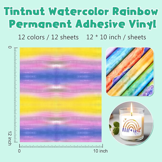Tintnut Rainbow Watercolor Permanent Vinyl 12 Sheets 12x10in Adhesive Vinyl |