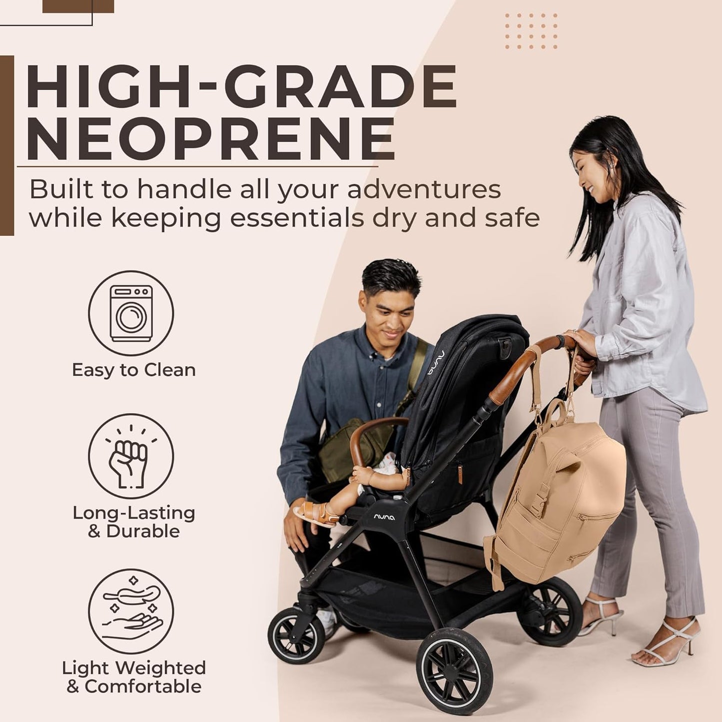 BUNSO Neoprene Diaper Bag, Minimalist Backpack Diaper Bag with Pouch, Changing Pad, and Stroller Straps, Water Resistant and Lightweight Baby Diaper Bag Backpack, Womens and Mens Diaper Bag, Khaki