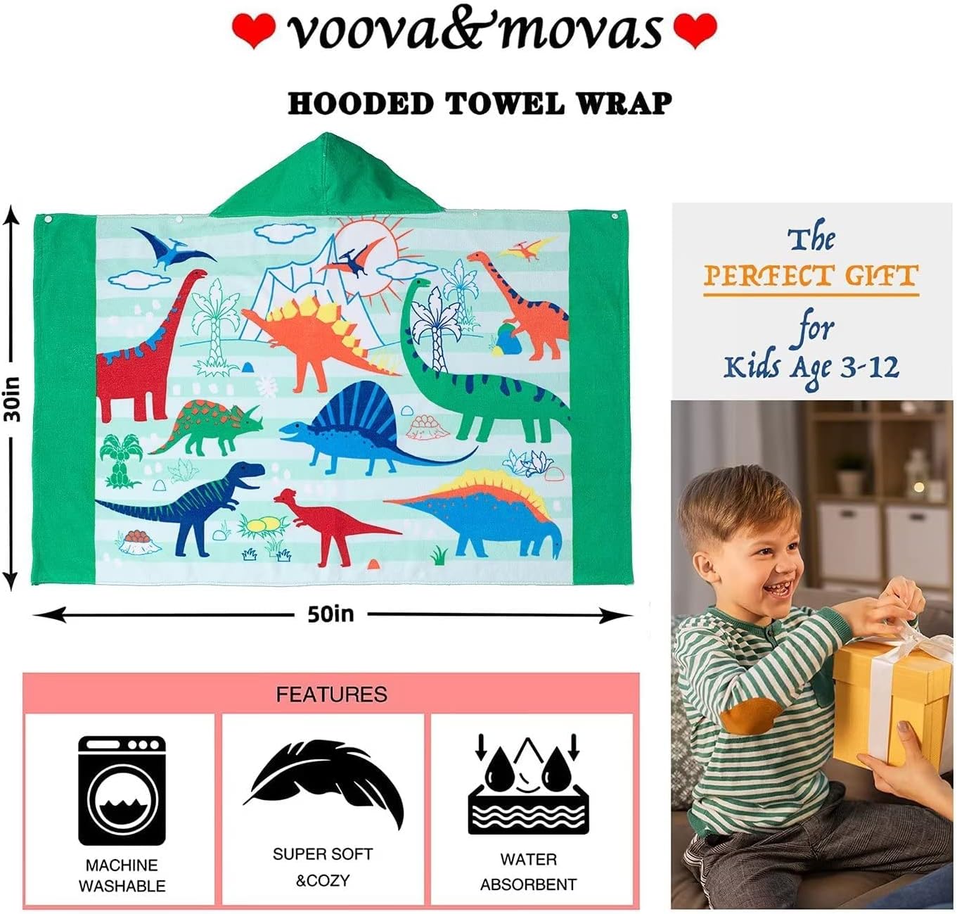 VOOVA & MOVAS Kids Hooded Bath Towel, Age 3-10, 30''X50'',100% Cotton | Thick | Absorbent, Beach | Pool | Bath | Bathroom | Swim Towel | Wearable Wrap for Boys, Dinosaur | Dino