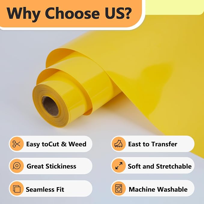 RENLITONG Yellow Iron on Vinyl 12Inch by 13ft Roll Heat Transfer Vinyl