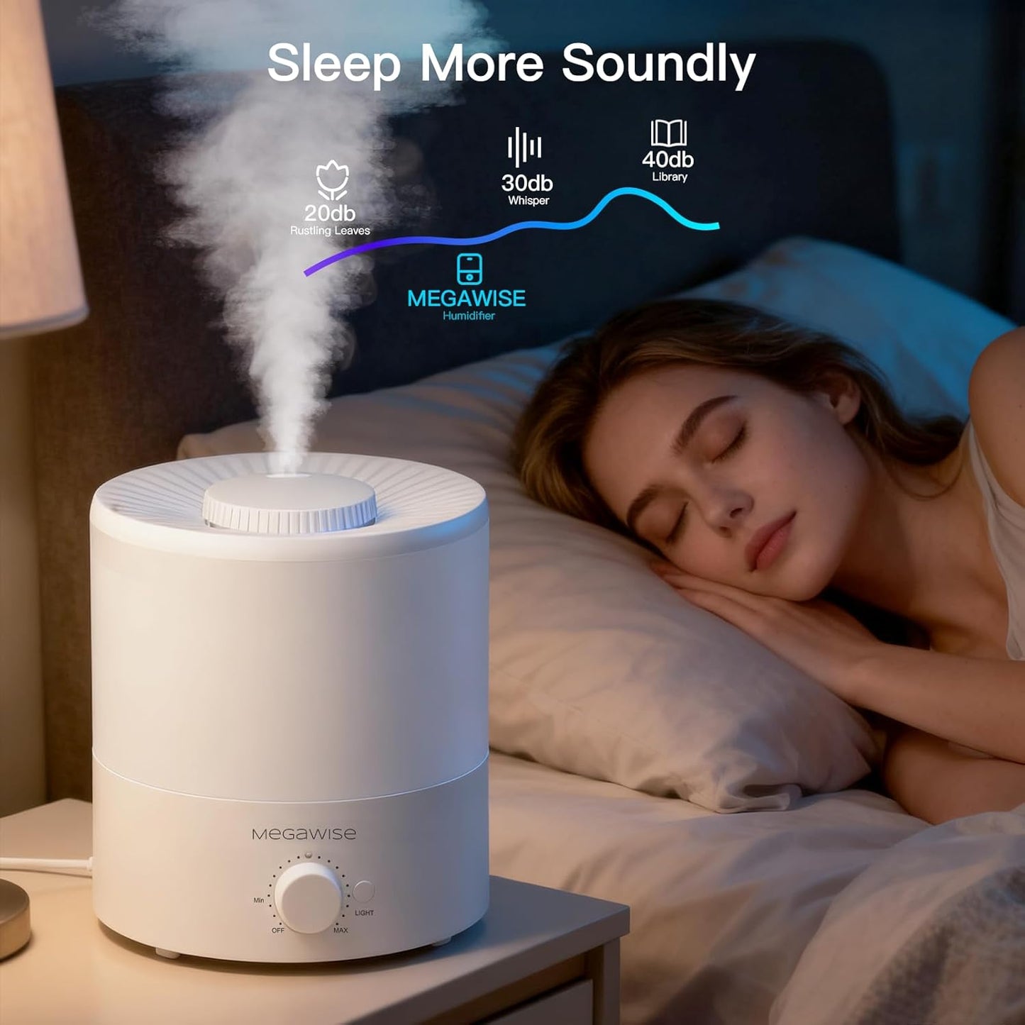 MEGAWISE 1.5L Cool Mist Humidifier for Bedroom, Home, Office, and Plants, Essential Oil Diffuser with Adjustable Mist Output, 25dB Quiet Ultrasonic, Up to 10 Hours, Easy to Clean