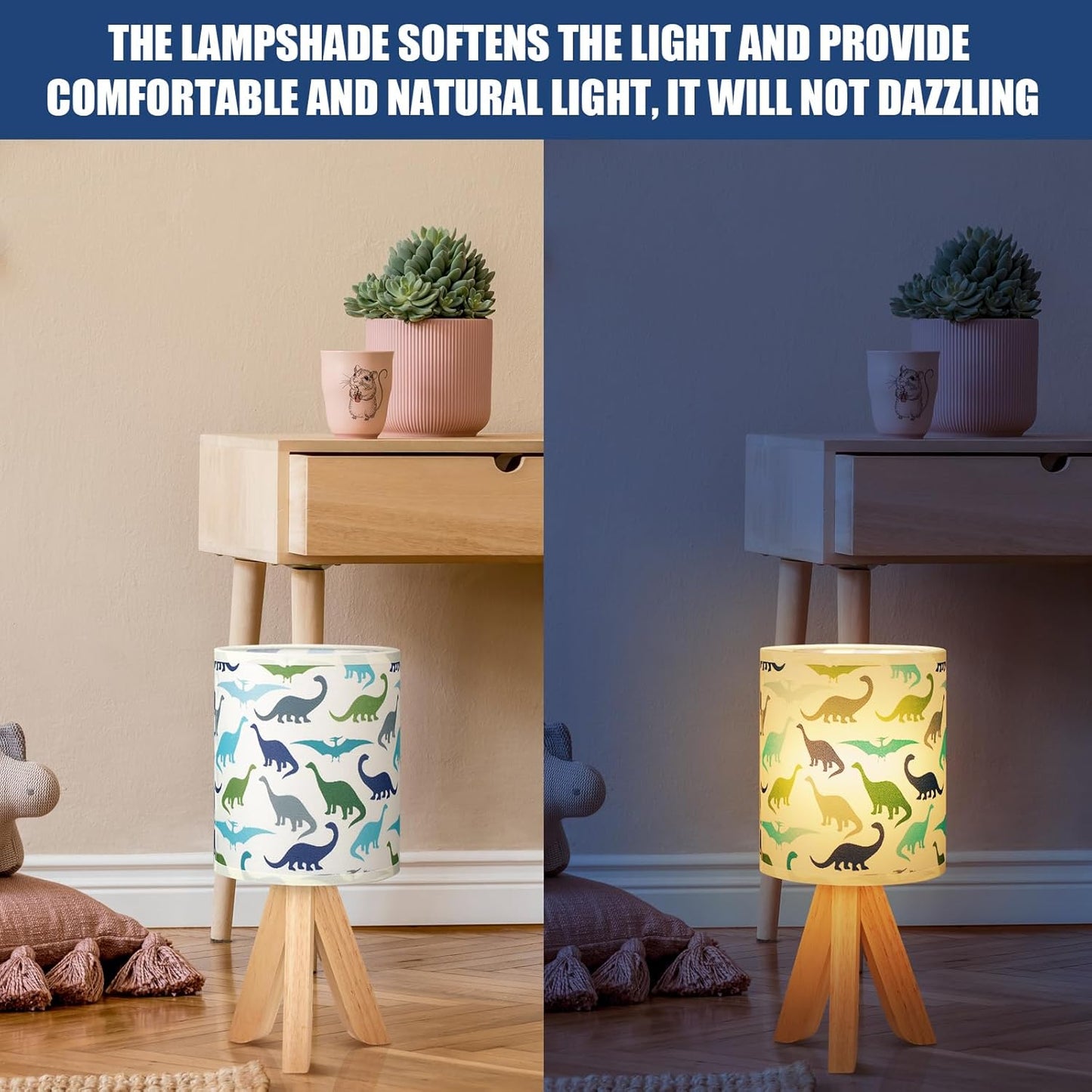 VIHOSE Dinosaur Kids Table Lamp for Bedroom Kids Bedside Lamp with Linen Wooden Nightstand Cartoon Nursery Lampshade for Girls Boys Living Room