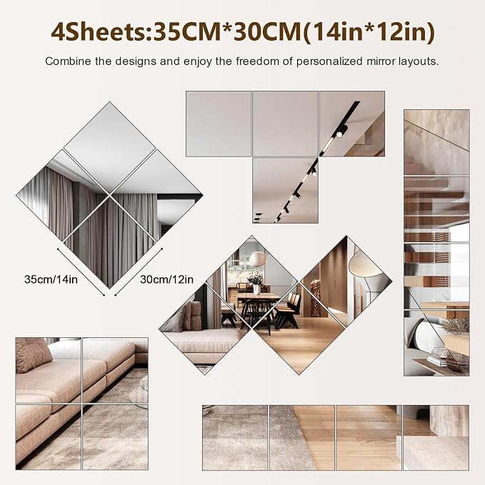 Shiftshade Mirror Wall Full Length, 12X14 Inch Unbreakable Mirror Tiles