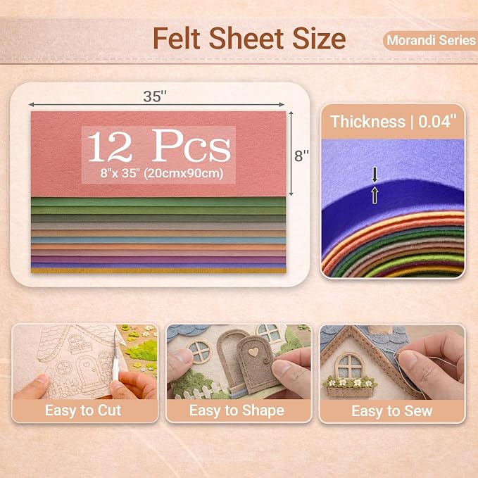 Large Stiff Felt Sheets 8"x35" – 12 Assorted Colors Felt Fabric Bundle Pack