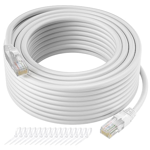 Cat5e Ethernet Cable 200 FT, Long Cat 5e Internet Cable, White Snagless Patch Cord, Flexible, Network, LAN, PoE, Standard RJ45 Connector for PC, Server, Router, Modem, TV, PS5 - with 15 Cable Ties