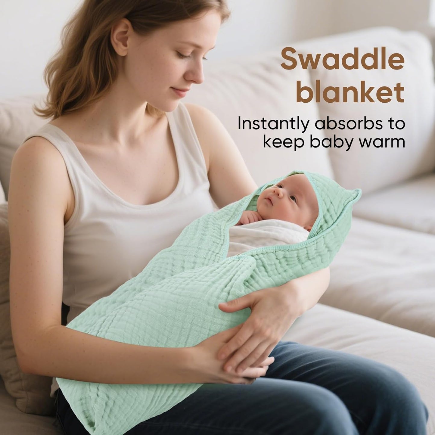 Muslin Hooded Baby Towels 100% Cotton ，Super Soft Muslin Baby Bath Towel - 32 x 32 Inches, Suitable for Newborn and Young Children up to 3 Years Old. (Beige & Green)