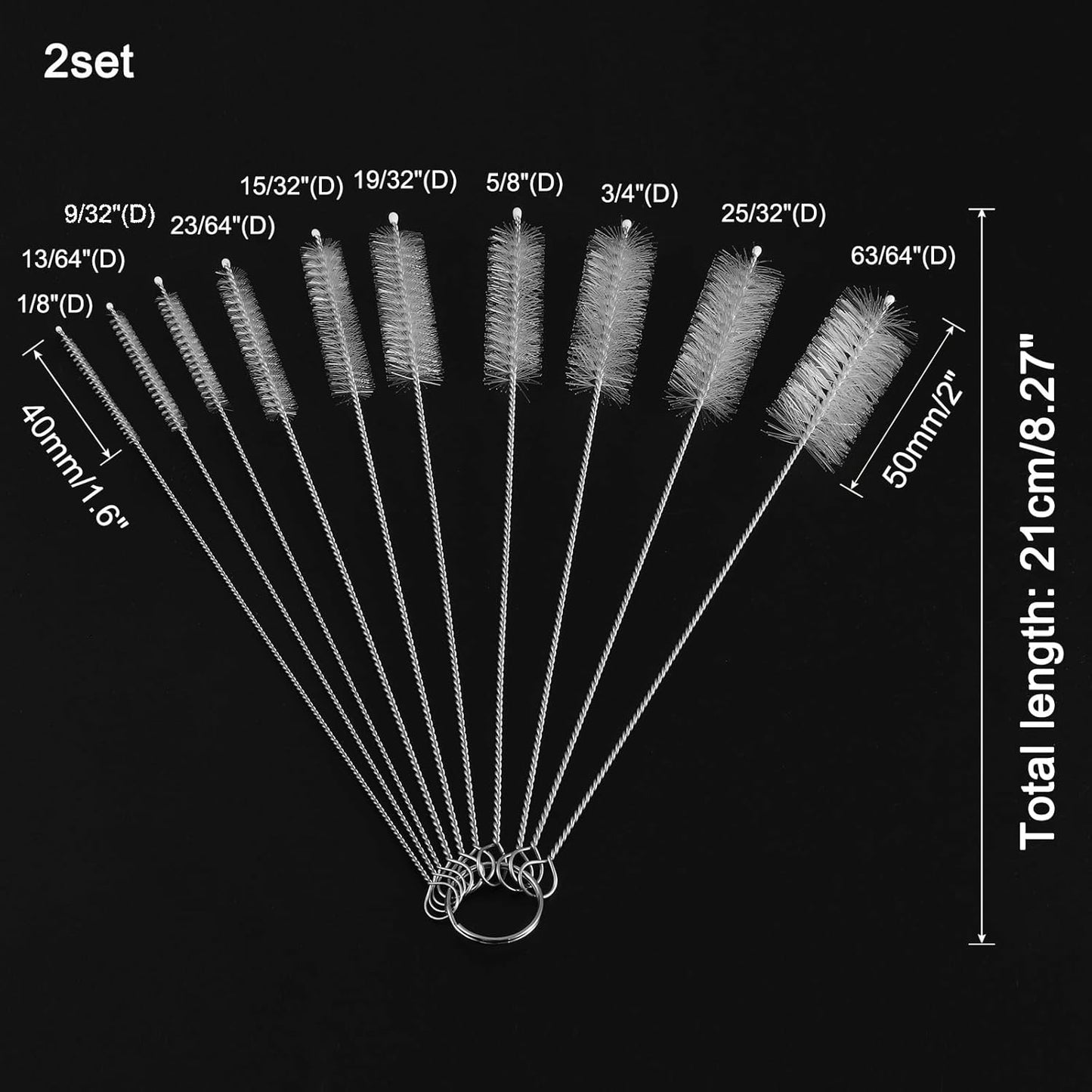 uxcell 2 Set of Straw Cleaner Brush, 8.3 Inch Nylon Tube Pipe Cleaners Set, 20Pcs Stainless Steel Long Straw Brush for Drinking Straw, Bottle, Tube, Cup, Clear