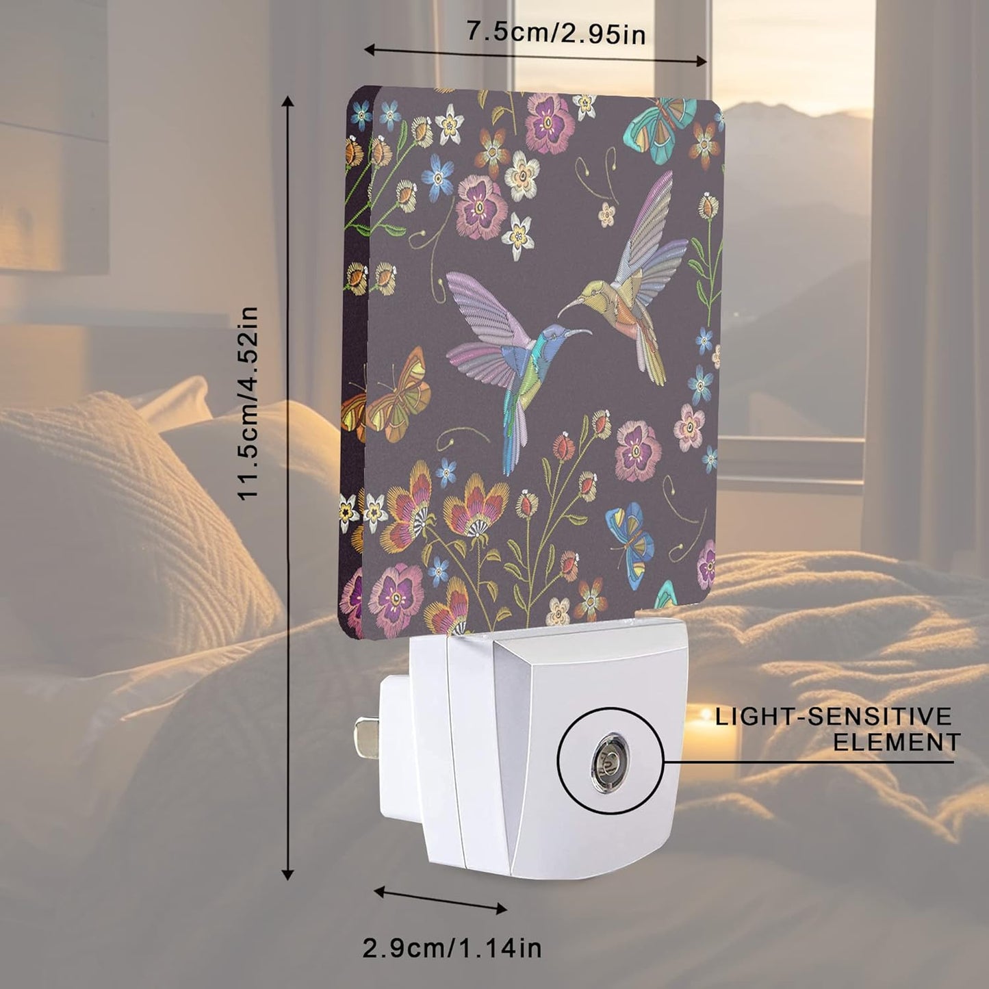 Vintage Hummingbird Butterfly Flowers Night Light Plug-in LED Nightlights Auto Sensor Night Lamp Dusk-to-Dawn Lamp Home Decor for Nursery Children Girls Boys