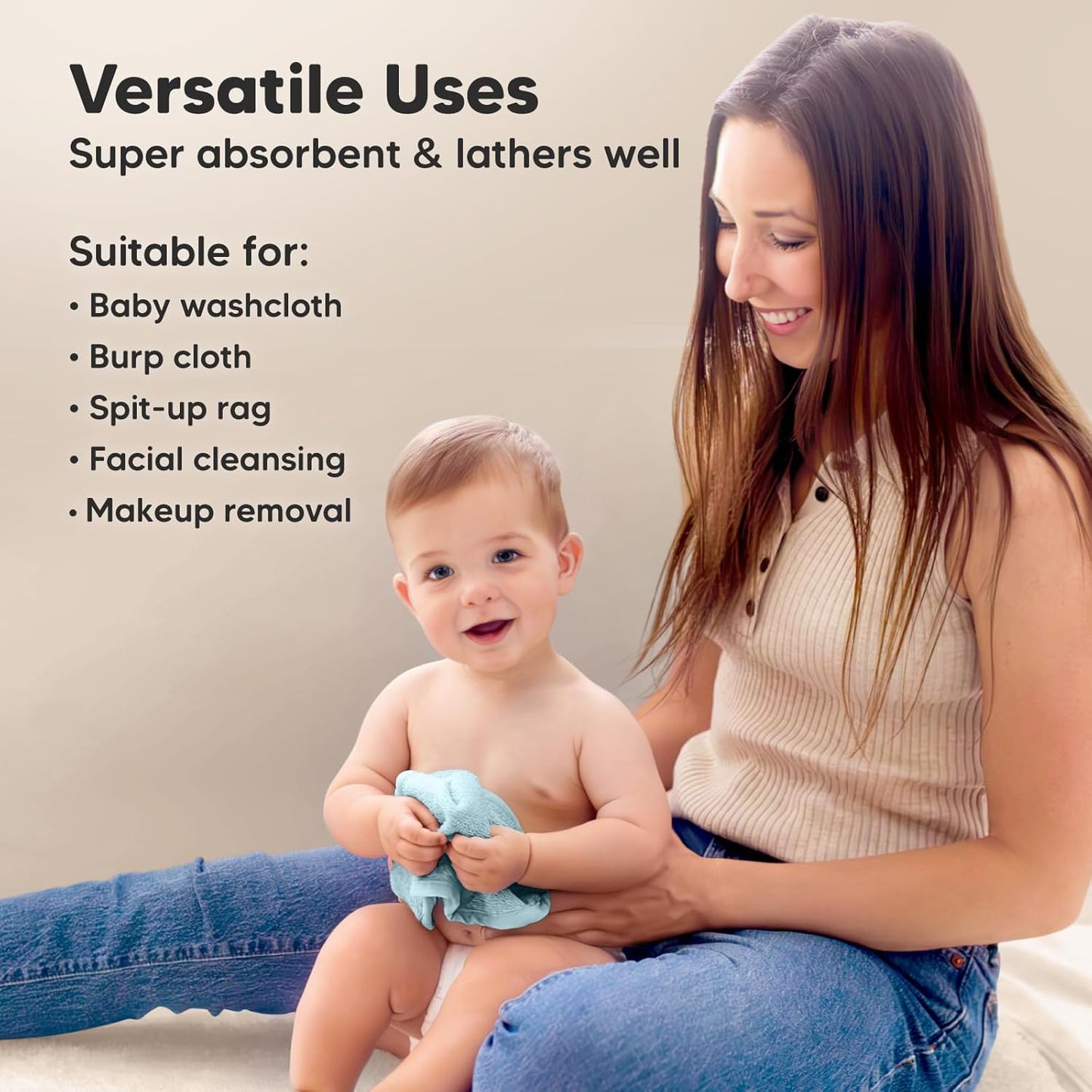 6-Pack Baby Washcloths - Soft Absorbent Viscose from Bamboo Wash Cloths for Babies, Kids, Toddlers, Infant, Newborn Bath Towels, Gentle on Sensitive Skin, 10x10 Reusable Face Towels (White/Sky)