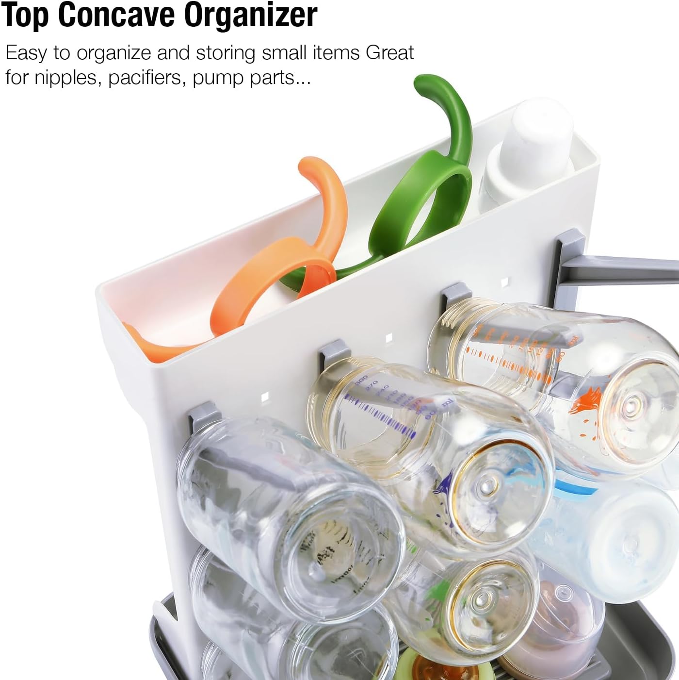 PandaEar Baby Bottle Drying Rack, Vertical Space-Saving Bottle Dryer Stand for Countertop with Removable Water Tray & Pegs, Holds Bottles, Nipples, Sippy Cups & Accessories, Grey