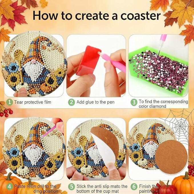 LWZAYS 8 Pcs 5D Autumn Gnome Diamond Art Coasters Kits