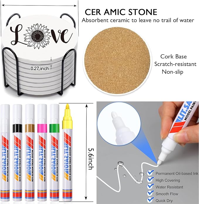 6 Absorbent Ceramic Tiles with Cork Base, Paint Your Own Sunflower Coaster |