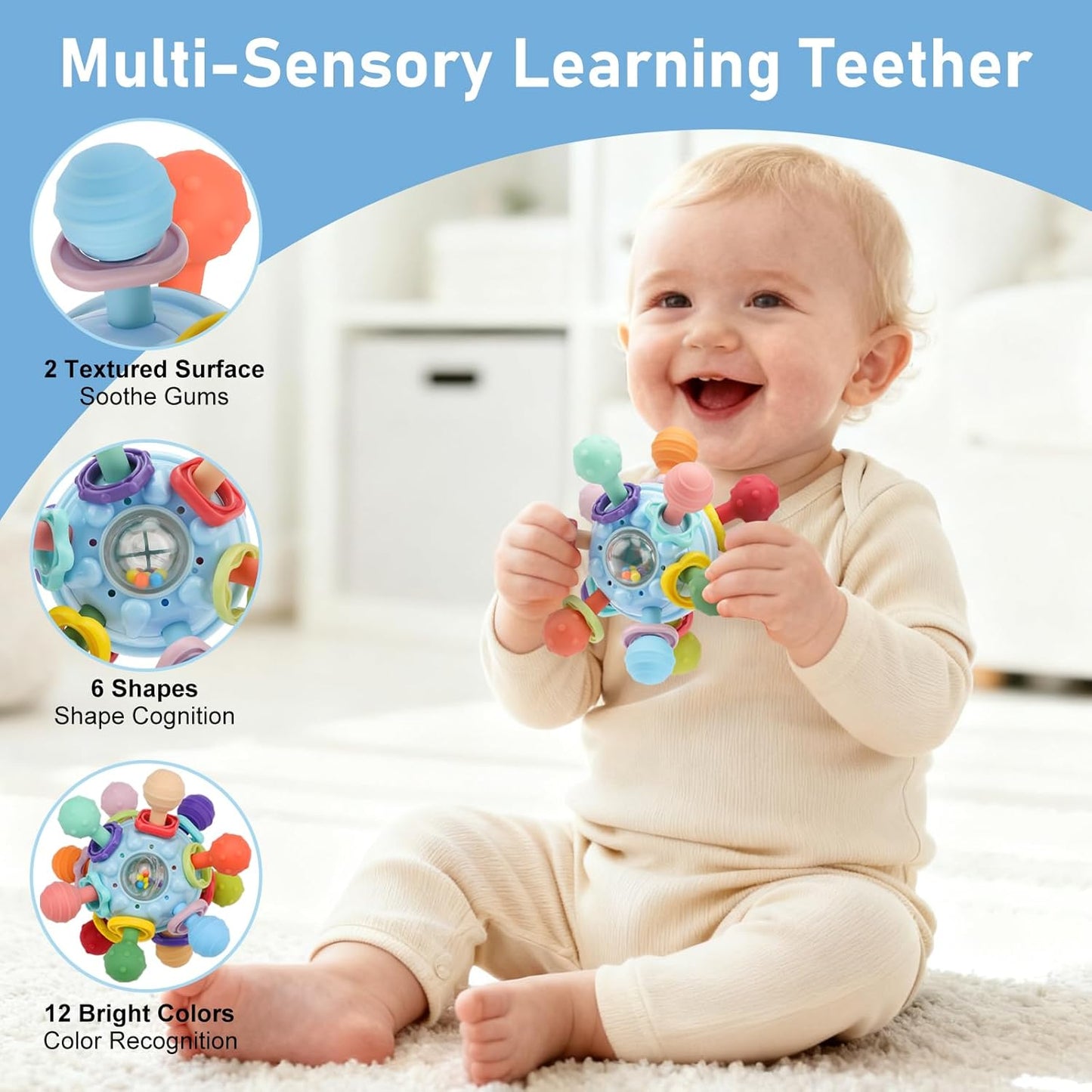 2 Pack Baby Teething Toys 0-6 6-12 Months, Multi-Functional Food Grade Silicone Baby Montessori Sensory Teether Toys & Teething Mittens, Soothing Chew Baby Toys for Newborn Infant Sucking Needs